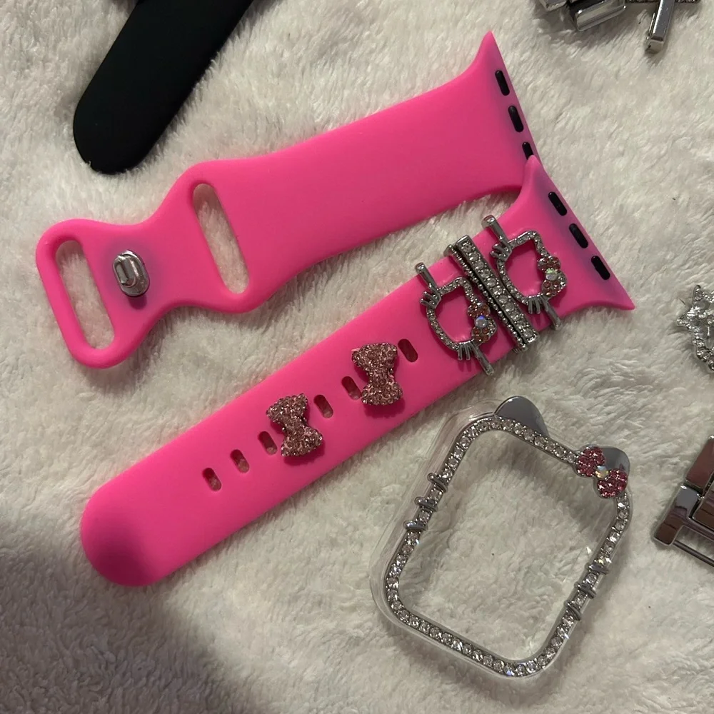 Apple Smartwatch Accessories with Pink and Black Bands and Silver Chain Bracelet